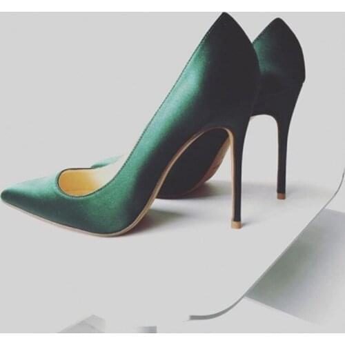 Fashion Green Satin Stiletto Heels Pumps 12CM Pointy Toe Office Lady Dress Shoes Shallow Banquet Celebrating Shoes