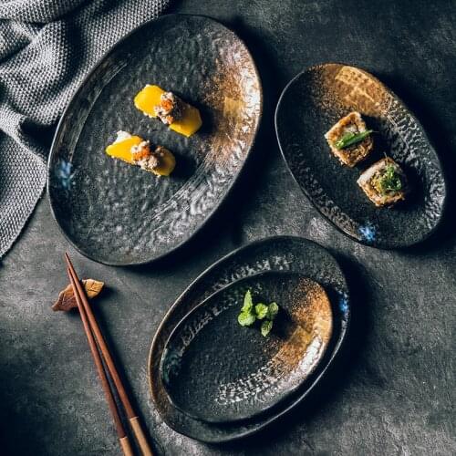 Japanese Retro Creativity Ceramics Dinnerware Black Dishes Creative Cake Food Plate Oval PlateTableware Fish Plate