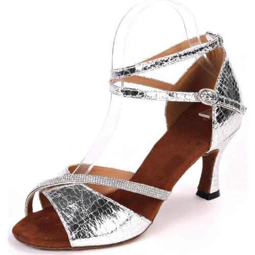 Cracked pattern bright PU lady dancing shoes girl latin Sharki belly ball prom dance shoe indoor practice soft sole heels silver