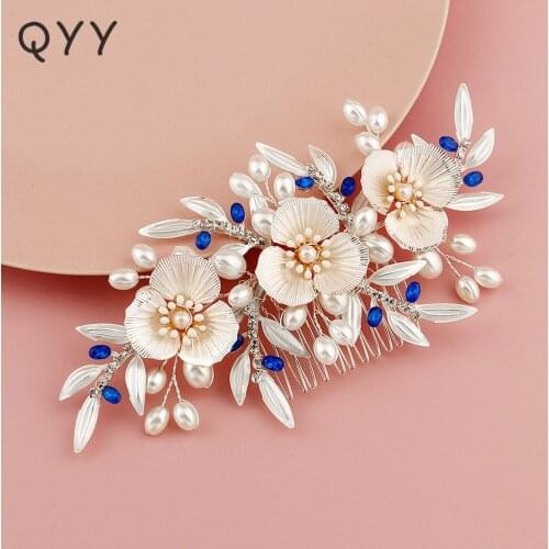 Bridal Wedding Hair Comb Clips Pearl Flower Silver Color Hair Jewelry for Women Accessories Blue Crystal Bride Headpiece Gifts