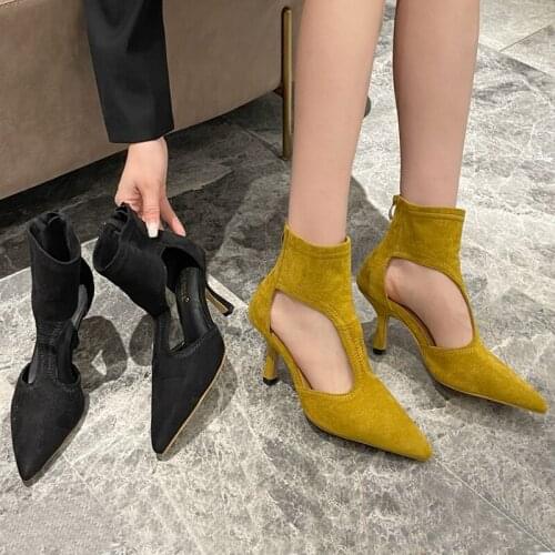 7.5cm Yellow Boots Women Heel Sexy Hollow Out Pointed Ankle Boots Summer Party Dress Heels Black Heels Chaussure Femme Talon