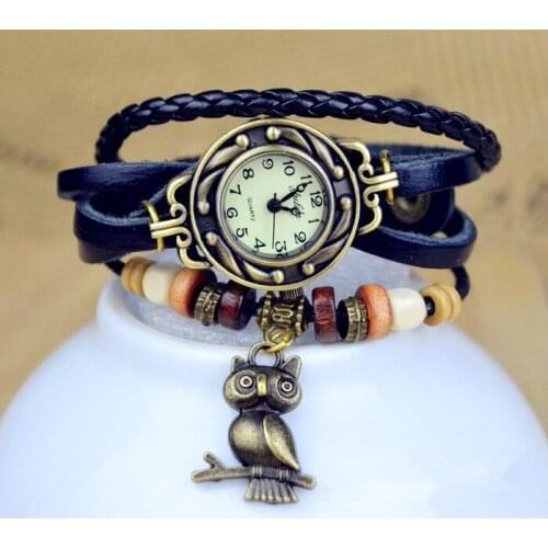 Hot Sales Vintage Cow Leather watch women ladies Fashion owl beads dress quartz wristwatch Relogio Feminino kz015