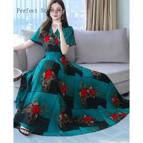 2020 Summer New Arrival Plus Size M-4XL V Collar Flower Printed Short Sleeve Women Chiffon Long Dress