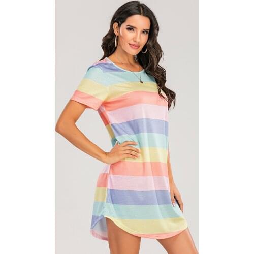 Rainbow Stripe Print Dress Womens Summer Casual Round Neck Short Sleeve Loose Mini Dress Ladies Nightdress
