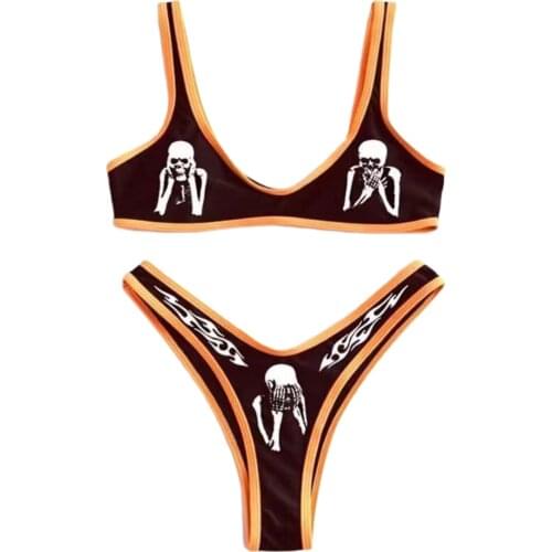 2Pcs Womens Sexy Bikini With Skull Print Adjustable Shoulder Strap Summer Swimming Pool Clothing Womens Swimwear Bathing Suit