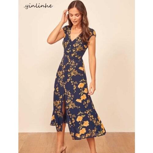 Yinlinhe Navy Floral Summer Dress Short Sleeve Elegant Split Long Dress Women Slim Sexy Backless Transparent Party Vestidos 1421