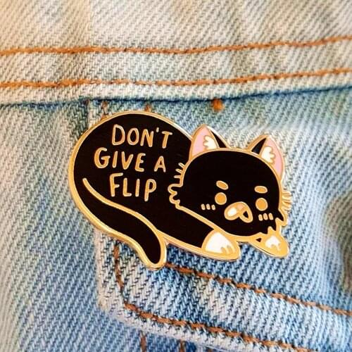 Don't Give A Flip Cat Hard Enamel Pins Cute Cartoon Black Kitty Lapel Pin Jacket Jeans Badge Brooch Fashion Accessories