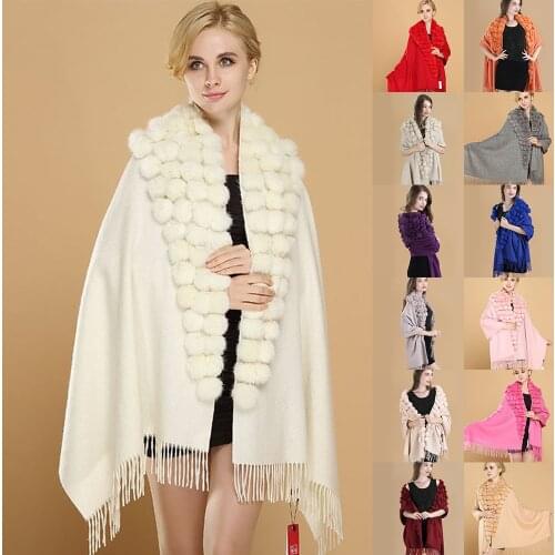 Winter Warm Wedding Bride Tassel Wool Shawl Women Thick Daily Solid Color Long Scarf Rabbit Fur Ball Lady Party Cape (80%Wool)