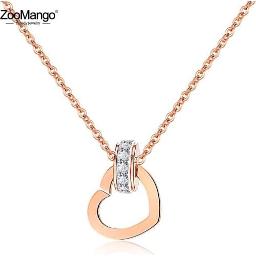 ZooMango Luxury Cubic Zirconia Circle Heart Charm Pendant Necklaces Rose Gold Stainless Steel Chain Neckalce Jewelry ZN17063