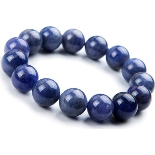 14mm Genuine Blue Natural Stone Bracelets Women Men Powerful Crystal Big Round Bead Natural Tan zanite Bracelet