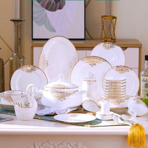60 Heads jingdezhen ceramics chinese dishes dish set Tableware Soup Bowl Salad Noodles Bowl Plate Dinnerware Sets