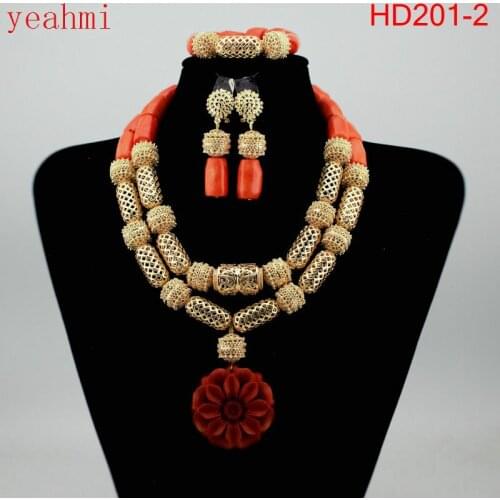 African Coral Beads Nigerian Handmade Jewelry Sets statement Necklace Set women earrings wedding fashion Jewelry HD202-1