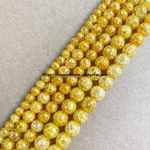 Natural Stone Yellow Color Dyed Snow Cracked Crystal Round Loose Beads 15" 4 6 8 10 12MM Pick Size For Jewelry Making DIY