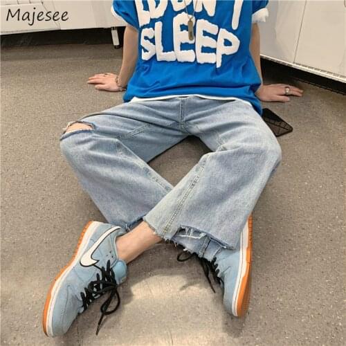 Jeans Men Hole Fashion Chic Hip Hop High Street Summer Wide Leg Trousers All-match Student Preppy Loose Casual Ins Oversized 3XL