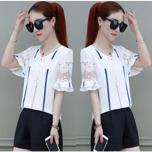 Feminina Striped Chiffon Blouses Shirts Lady Brand Bow Tie Short Flare Sleeve Blousas Tops Women Spring Summer Style