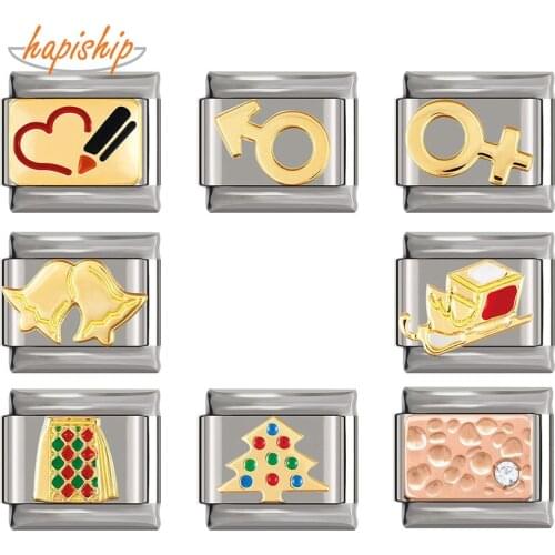 Hapiship Original Daisy Gold Rose Bell Christmas Present Italian Charm Fit 9mm Bracelet Stainless Steel Jewelry DIY Making DJ233