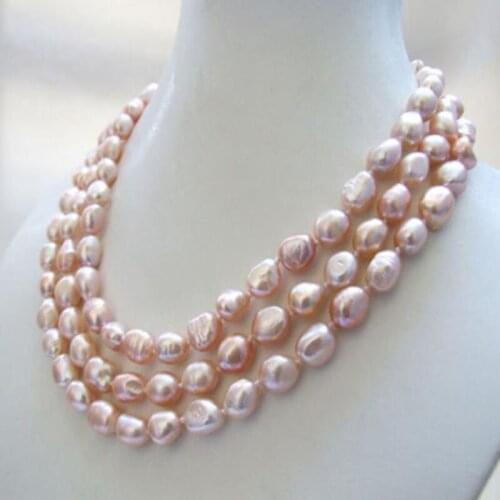 Hot sell Noble- 3 strands real nature purple baroque freshwater pearl necklace 9-11mm jj