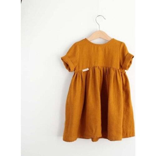 Ins Pleated Toddler Girls Dress Cotton Linen Summer Baby Outfits Solid Color Children Kids Clothes