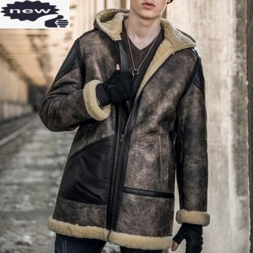 Italian Mens Military Shearling Mid Long Jacket Natural Lamb Wool Real Sheep Fur Lining Coat Leather Biker Loose 6XL Overcoat