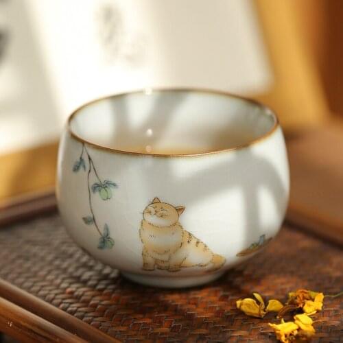 Ceramic Teacup Chinese Handpainted Cat Cute Samll Cup Tasting Tea Cups Ceramics Tea Bowl Kung Fu Tea Set Tea Cups