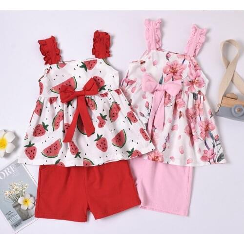 Summer Infant Outfits Baby Girl 2 Pcs Set Watermelon/Flower Ruffle Strap Square Collar Bowknot Tank Top + Shorts with Pockets