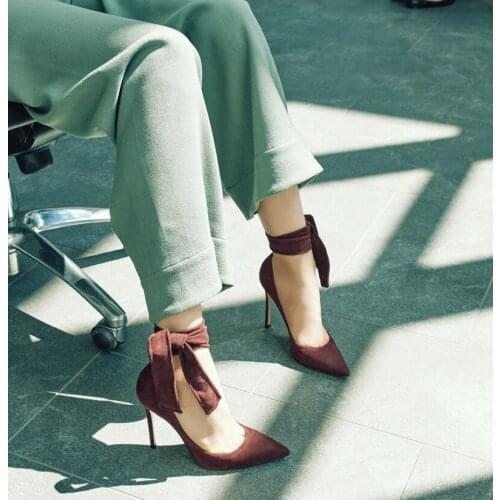 Hot selling high heel shoes sexy pointed toe thin heels pumps for woman suede lace-up ankle strap shoes stiletto heels