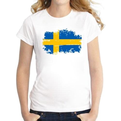 BLWHSA Fashion Sweden Flag T shirts for Women Top Cotton Short Sleeve Nostalgic Flag Summer Autumn Female T-shirt