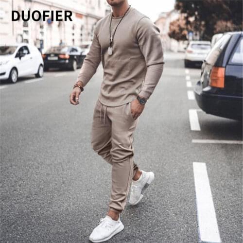 Mens Long Sleeve Top and Drawstring Pants Fashion 2 Piece Set 2021 Autumn Man Round Neck Solid Color Sport Slim Fit Casual Suit