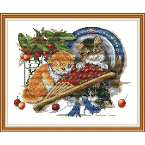 Cat and fan cross stitch kit aida 14ct 11ct count print canvas cross stitches needlework embroidery DIY handmade