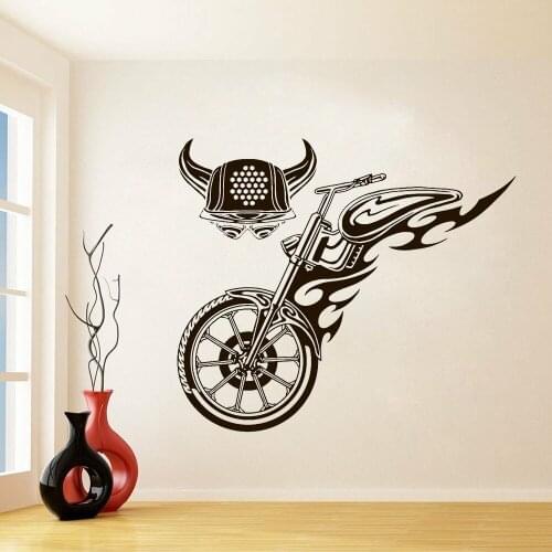 Fire Bike Biker Wheel Horn Helmet Wall Sticker House Decoration Bedroom Boy Vinyl Decal Motorcycle Art Stickers Wallpaper P69