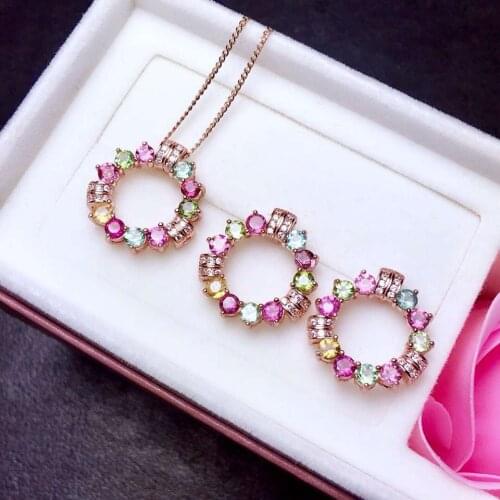 Real Natural Tourmaline jewelry set Natural Real Tourmaline 925 sterling silver 1pc pendant,2pcs Earring