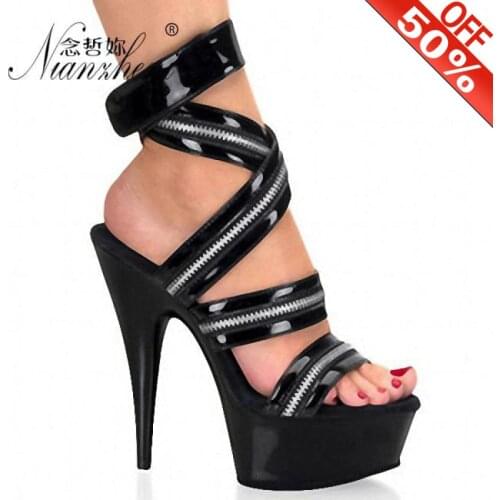 Sexy Roman Hollow Patent leather 15cm High heeled shoes Trend Fetish 6 inches Stage Show Cross dressing Big Size Womens sandals