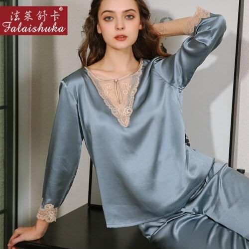19 momme 100% silk pajamas sets women sexy lace Neck long sleeve sleepwear noble pure color elegance silk pyjamas women T8258