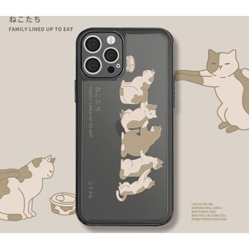 Retro kawaii kitten cat family eat Transparent Phone Case For iPhone 11 12 Pro Max Xs Max XR Xs 7 8 Plus X 7Plus case Cute Cover