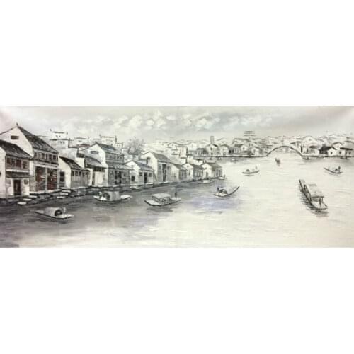 HandPainted White and Black China Suzhou Water Village Landscape Oil Canvas Painting Abstract Wall art Picture for Home Decor