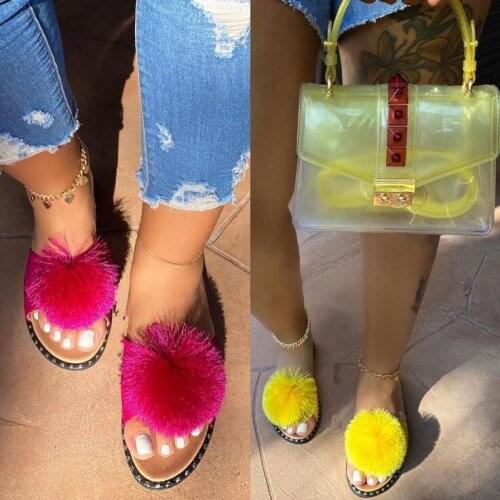 Spring/summer new 2020 women cute ladies fox fur sandals spherical flat non-slip outdoor all-match fashionable slippers Home ms