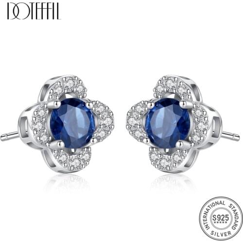DOTEFFIL Fashion Stud Earring Inlay Created Round Royal Sapphire Blue Topaz Women 925 Solid Silver Earring Fine Vintage Jewelry