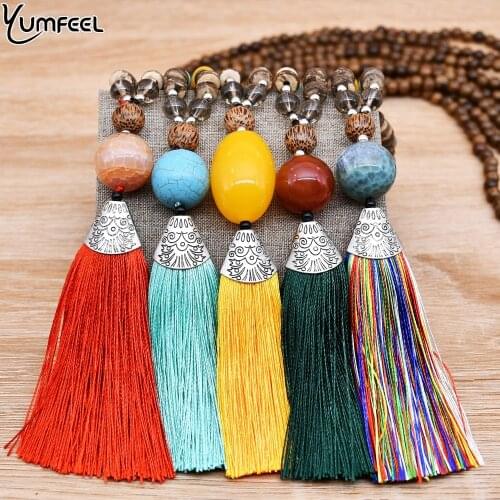 Yumfeel Brand New Bohemian Tassel Jewelry 5 Colors Long Wood Natural Stone Beads Pendants Necklaces Women