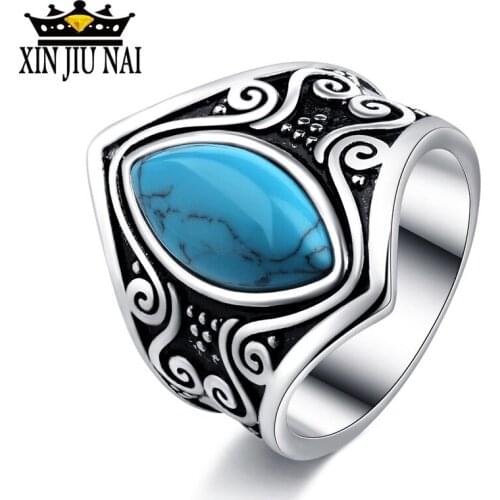 Women Bohemia Rings Fine Jewelry Accessories Blue Stone Black Rings Funny Body Jewellery Boho Metal turquoise Ring Big Men Ring