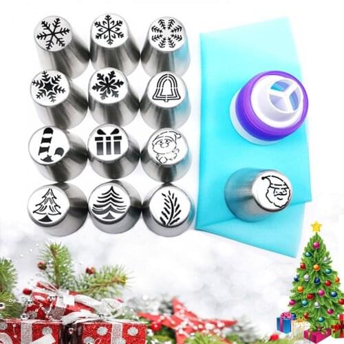 15PCS Cake Christmas Nozzles Set Santa Claus Christmas Tree Snow Mold Icing Piping Tips Russian Nozzle Pastry Cake Baking Tools