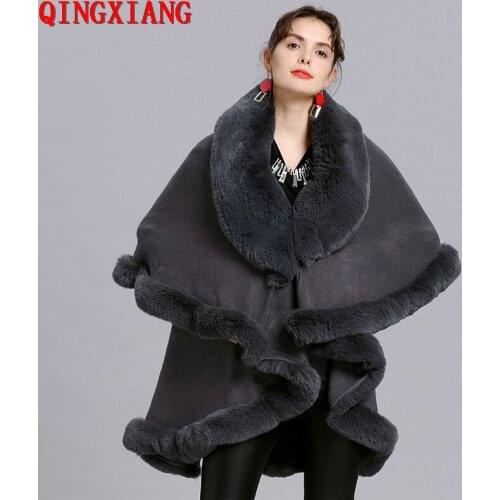 2019 2 Colors Winter Warm Fake Fox Fur Long Knitted 2 Layers Big Fur Neck Poncho Cape Cloak Women European Cardigan Coat