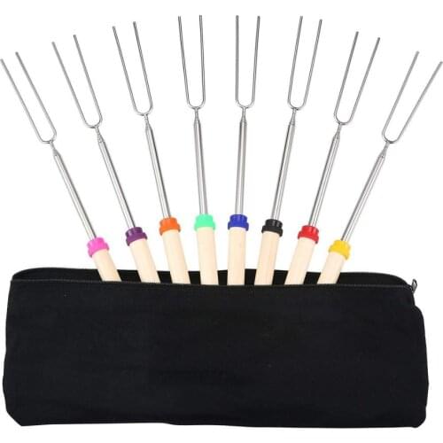 8pcs Stainless Steel Roasting Sticks Wooden Handles Skewer Barbecue Telescoping Forks 32 inch Hot Dog Campfire Camping BBQ Tools