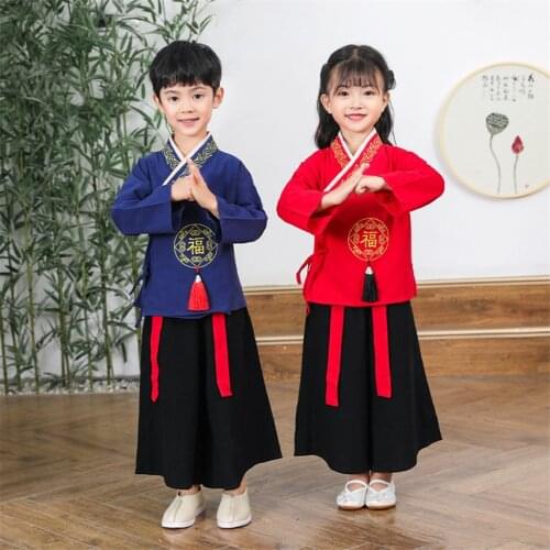 Kids Chinese Style Hanfu Dress Boys Girls Ancient Costumes Folk Dance Stage Performance Tang Suit Children New Year Costumes