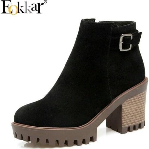 Eokkar 2019 Women Shoes Winter Boots Fashion Casual Women Ankle Boots Zipper Square High Heel Platform Black Shoes Size 34-43