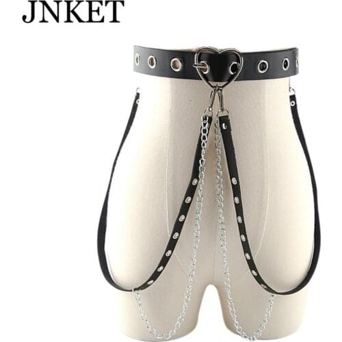 JNKET New Punk Gothic Leather Women Belts With Chain Harajuku Belt Dress Jeans Slim Bondage Cool Waistband