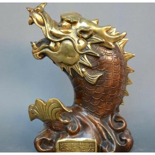 Chinese fengshui old bronze gild carve dragon fish monopolize first place statue
