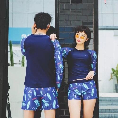 2019 Women Mens Two Piece Swimsuit Floral Printed Swimming Suit Long Sleeve Top Beach Swimwear New Rash Guard