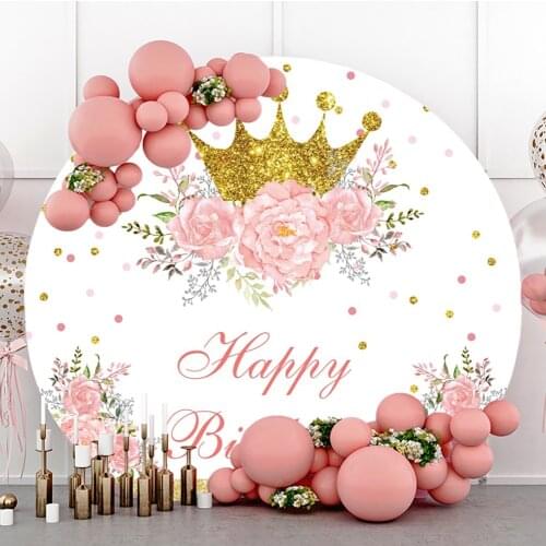 Laeacco Golden Crown Birthday Round Backdrop Pink Flowers Gold Dots Circle Background For Photography Birthday Party Decor