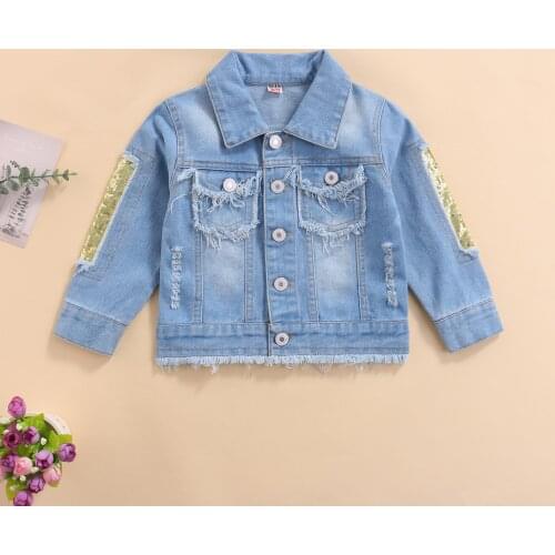Fashion Girls Spring Autumn Ripped Denim Jackets Long Sleeve Sequin Patchwork Button Down Coats Kids Casual Outerwear Coats