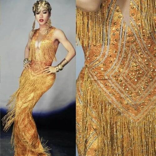 Fashion Gold Fringes Women Evening Celebrity Prom Party Dresses Sleeveless Rivet Tassel Long Dress Sexy Nightclub Singer Costume